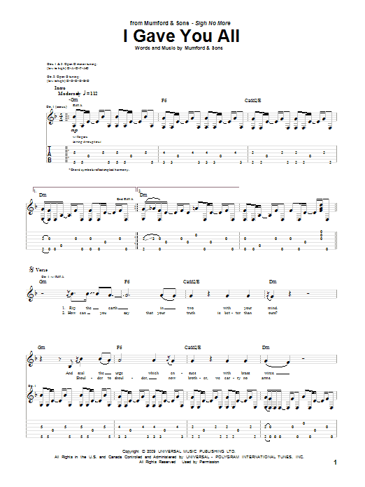 Download Mumford & Sons I Gave You All Sheet Music and learn how to play Guitar Tab PDF digital score in minutes