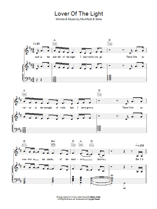 Download Mumford & Sons Lover Of The Light Sheet Music and learn how to play Piano, Vocal & Guitar (Right-Hand Melody) PDF digital score in minutes