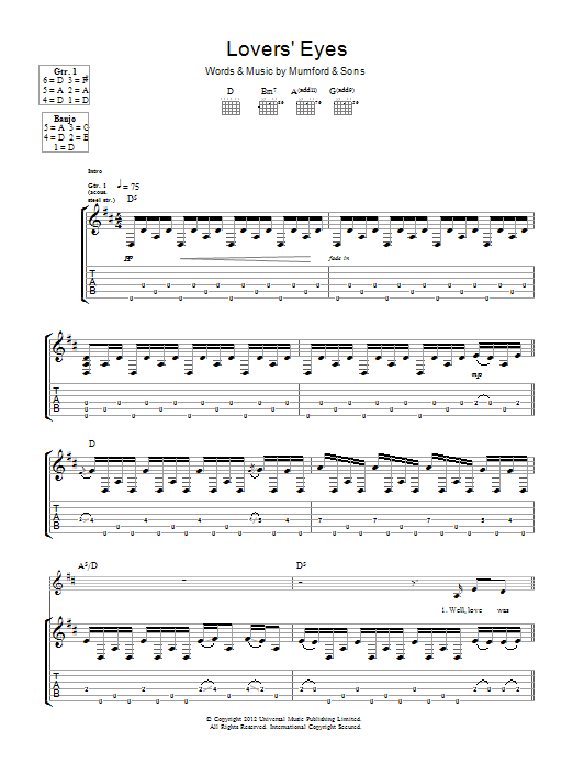 Download Mumford & Sons Lovers' Eyes Sheet Music and learn how to play Piano, Vocal & Guitar (Right-Hand Melody) PDF digital score in minutes