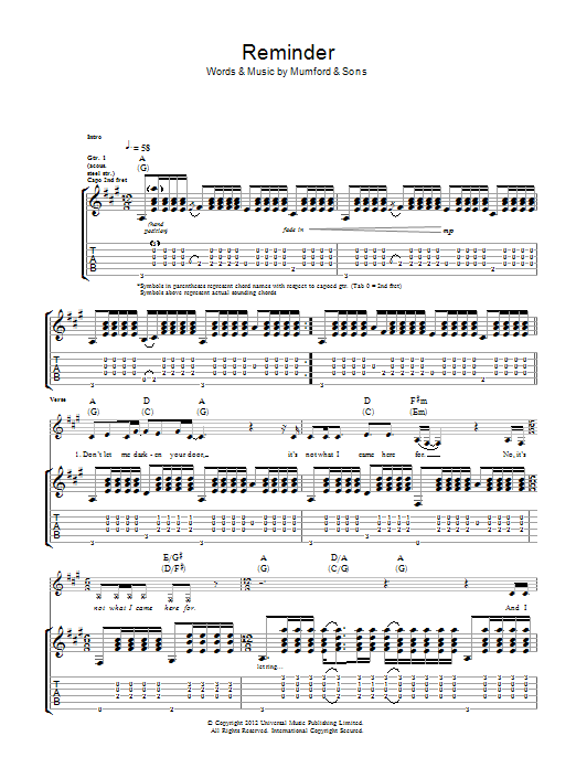 Download Mumford & Sons Reminder Sheet Music and learn how to play Piano, Vocal & Guitar (Right-Hand Melody) PDF digital score in minutes