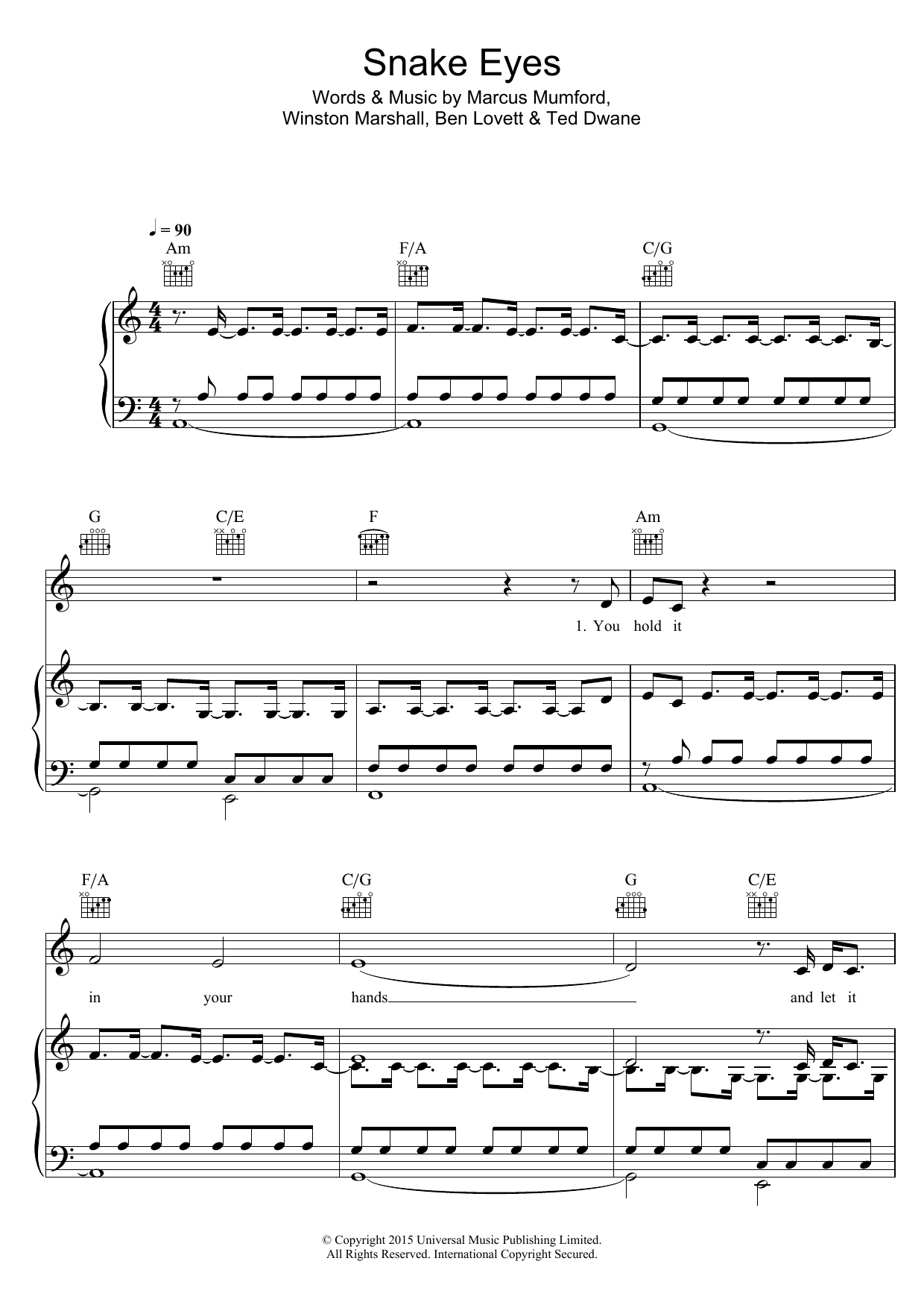 Download Mumford & Sons Snake Eyes Sheet Music and learn how to play Piano, Vocal & Guitar (Right-Hand Melody) PDF digital score in minutes