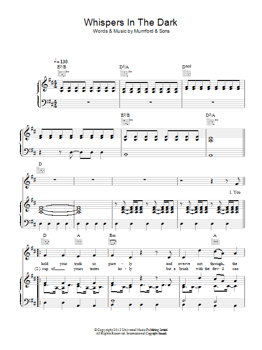 Download Mumford & Sons Whispers In The Dark Sheet Music and learn how to play Piano, Vocal & Guitar (Right-Hand Melody) PDF digital score in minutes