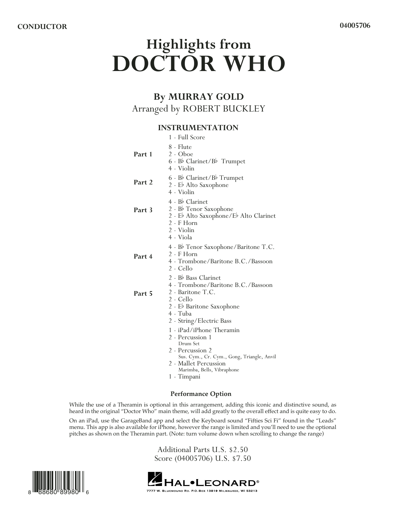 Download Murray Gold Highlights from Doctor Who (arr. Robert Buckley) - Conductor Score (Full Score) Sheet Music and learn how to play Concert Band: Flex-Band PDF digital score in minutes