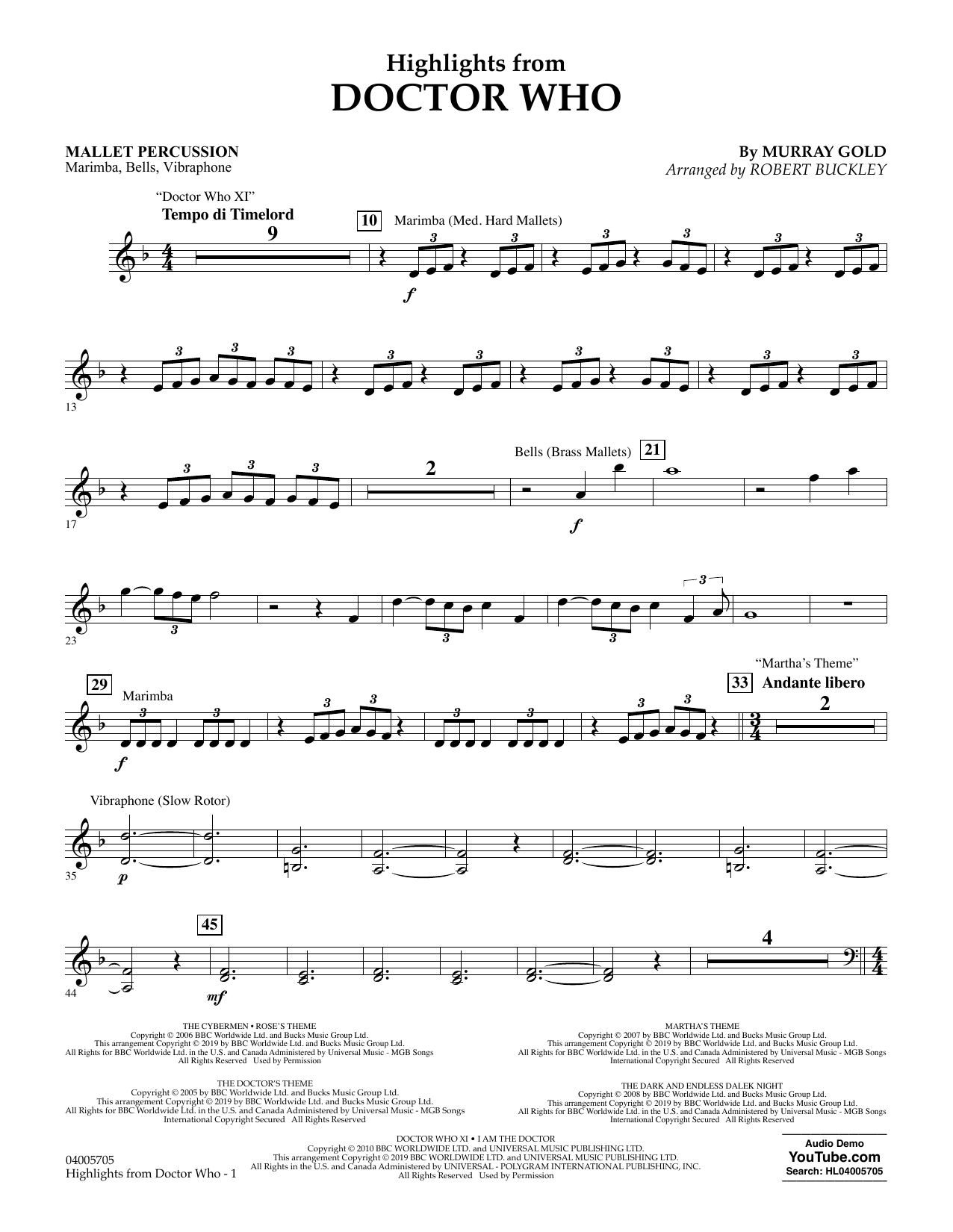 Download Murray Gold Highlights from Doctor Who (arr. Robert Buckley) - Mallet Percussion Sheet Music and learn how to play Concert Band: Flex-Band PDF digital score in minutes