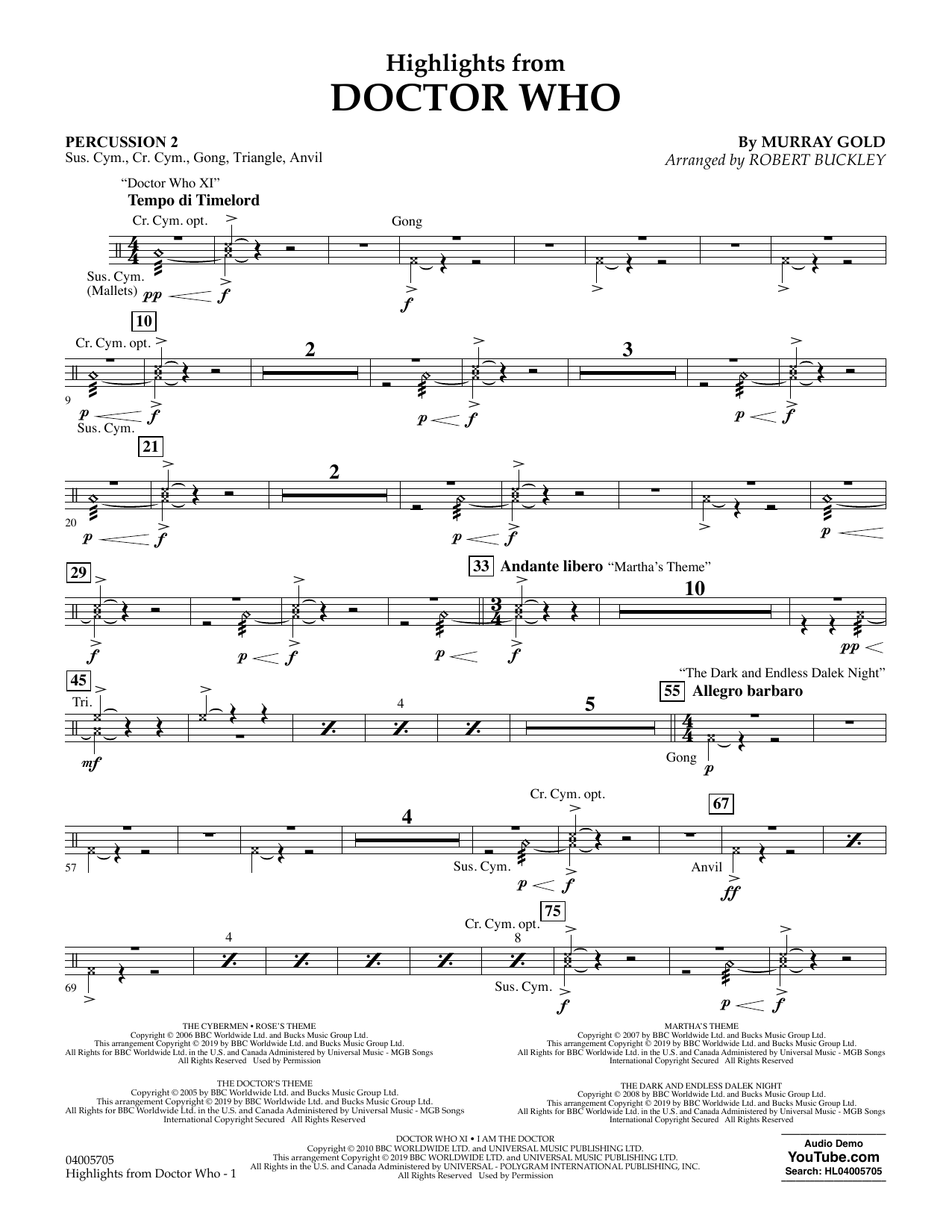 Download Murray Gold Highlights from Doctor Who (arr. Robert Buckley) - Percussion 2 Sheet Music and learn how to play Concert Band: Flex-Band PDF digital score in minutes