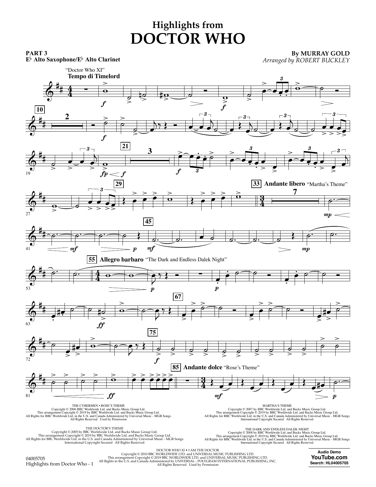 Download Murray Gold Highlights from Doctor Who (arr. Robert Buckley) - Pt.3 - Eb Alto Sax/Alto Clar. Sheet Music and learn how to play Concert Band: Flex-Band PDF digital score in minutes