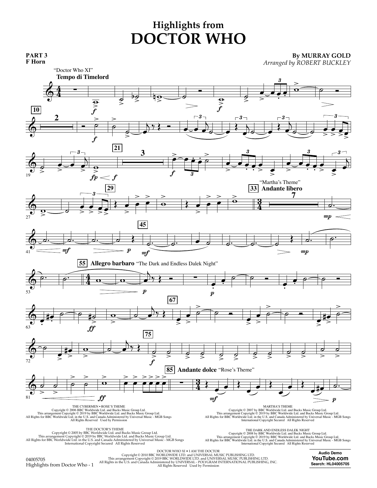 Download Murray Gold Highlights from Doctor Who (arr. Robert Buckley) - Pt.3 - F Horn Sheet Music and learn how to play Concert Band: Flex-Band PDF digital score in minutes