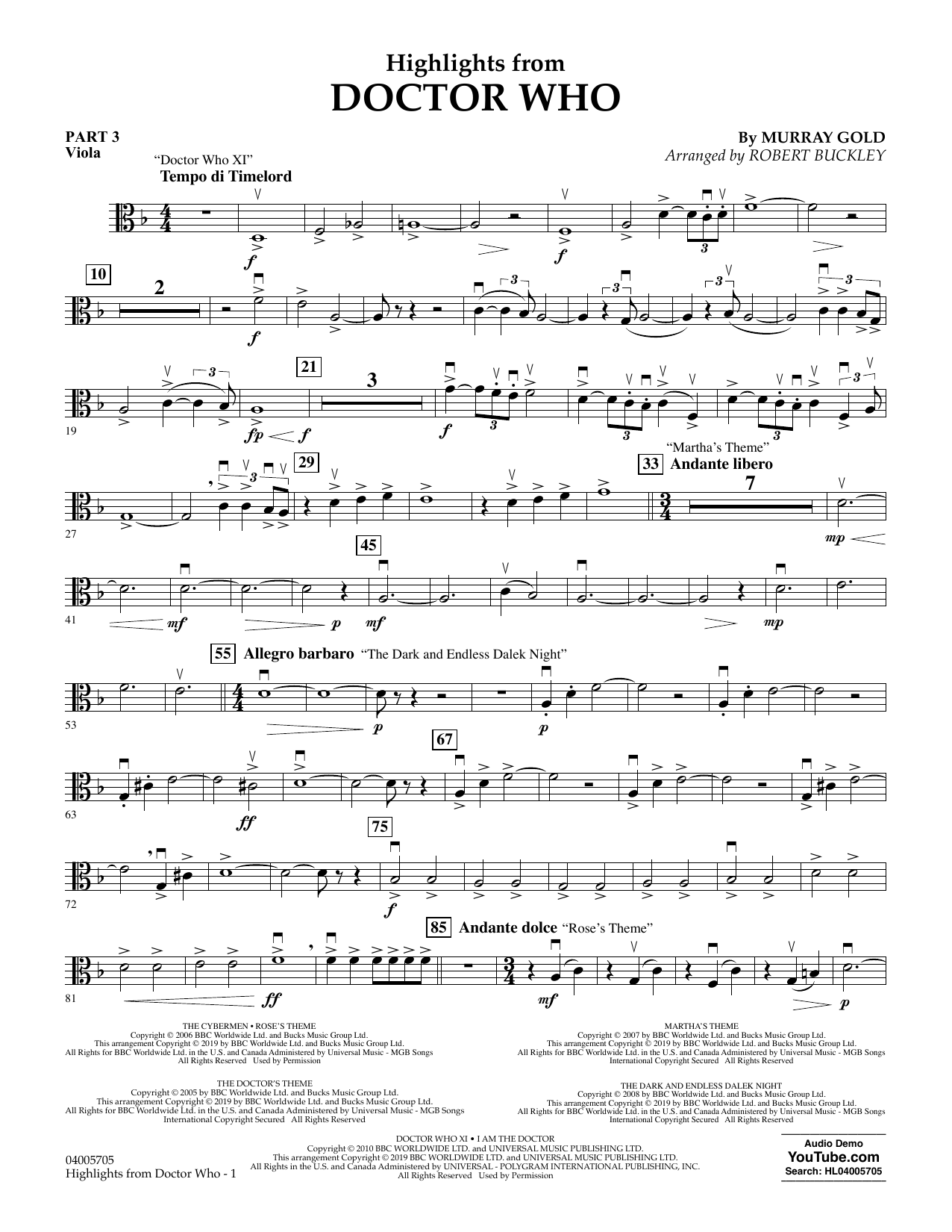 Download Murray Gold Highlights from Doctor Who (arr. Robert Buckley) - Pt.3 - Viola Sheet Music and learn how to play Concert Band: Flex-Band PDF digital score in minutes