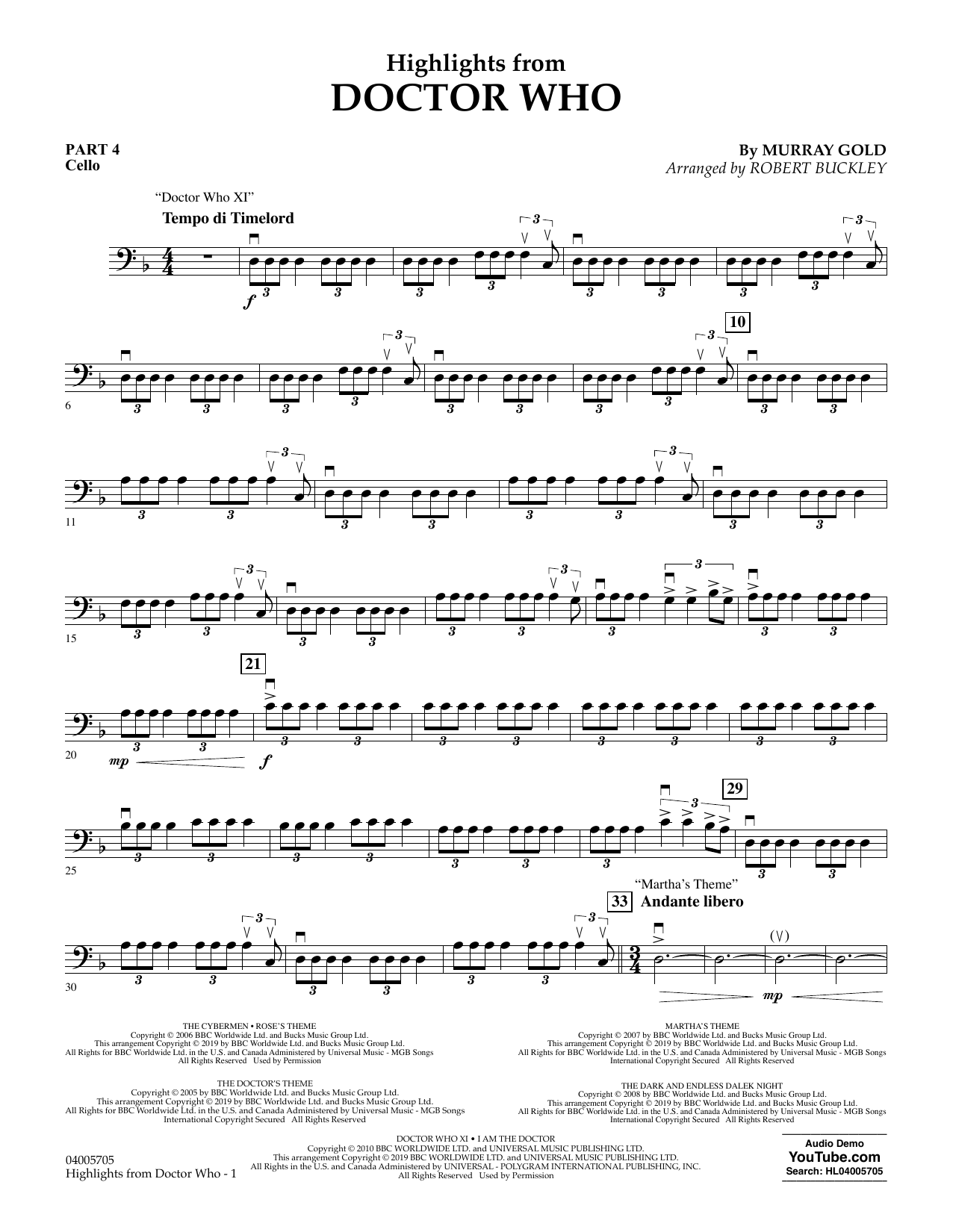 Download Murray Gold Highlights from Doctor Who (arr. Robert Buckley) - Pt.4 - Cello Sheet Music and learn how to play Concert Band: Flex-Band PDF digital score in minutes