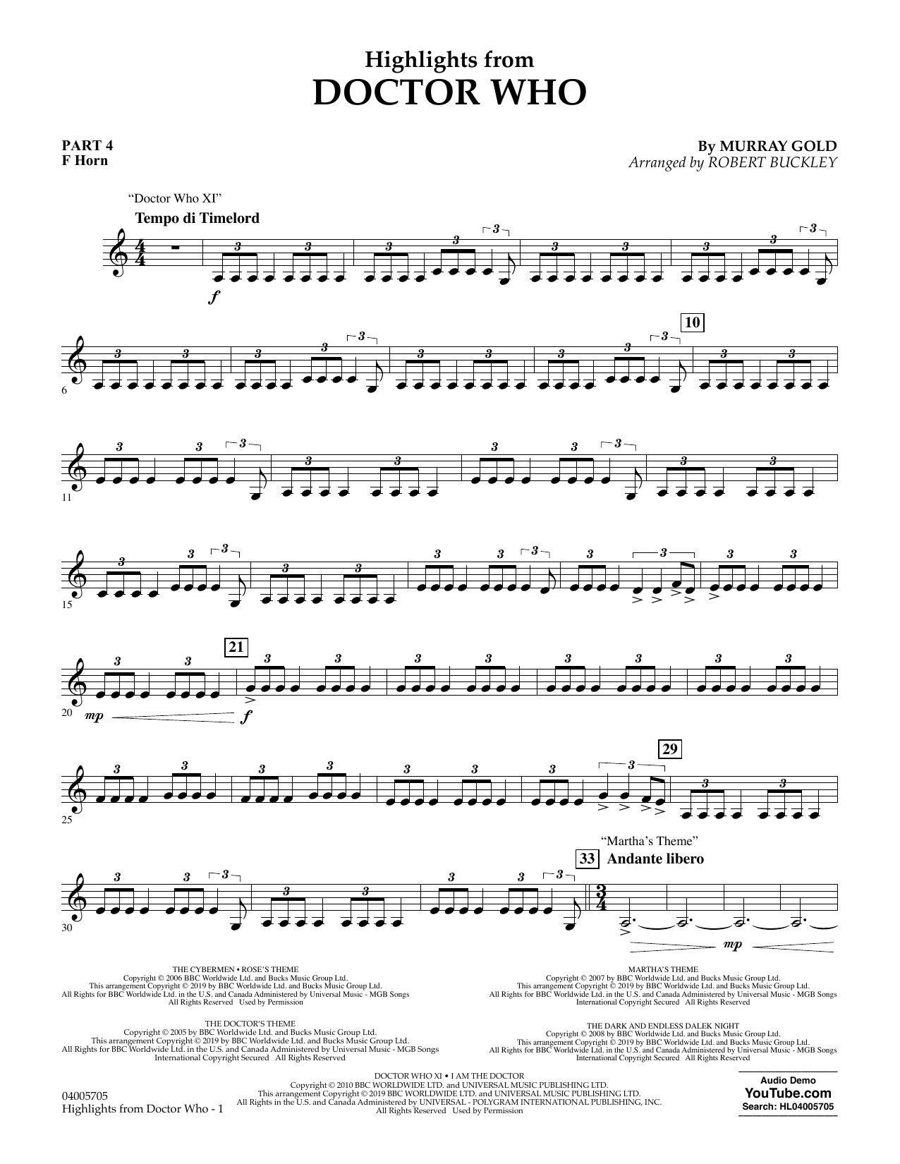 Download Murray Gold Highlights from Doctor Who (arr. Robert Buckley) - Pt.4 - F Horn Sheet Music and learn how to play Concert Band: Flex-Band PDF digital score in minutes