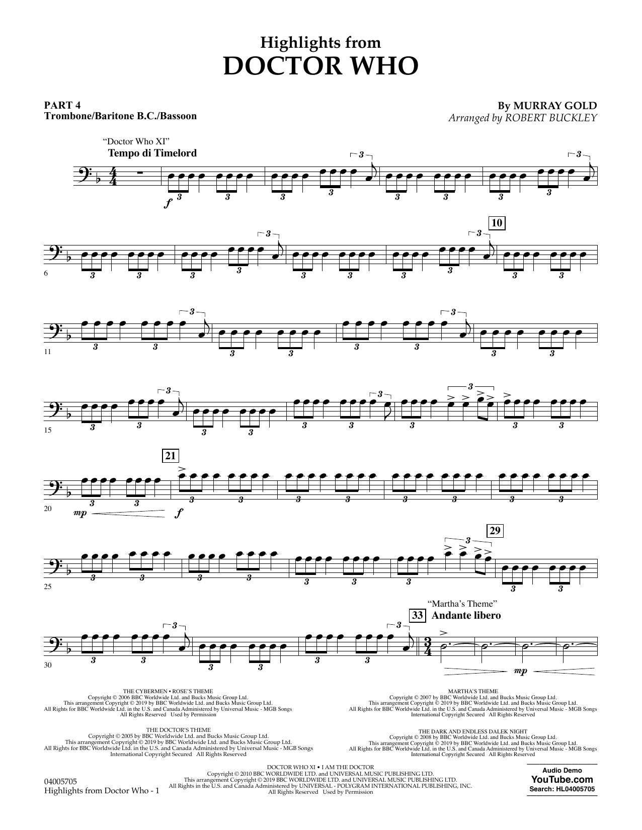 Download Murray Gold Highlights from Doctor Who (arr. Robert Buckley) - Pt.4 - Trombone/Bar. B.C./Bsn Sheet Music and learn how to play Concert Band: Flex-Band PDF digital score in minutes