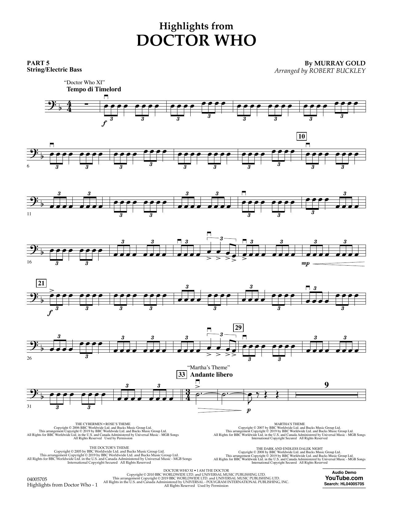 Download Murray Gold Highlights from Doctor Who (arr. Robert Buckley) - Pt.5 - String/Electric Bass Sheet Music and learn how to play Concert Band: Flex-Band PDF digital score in minutes