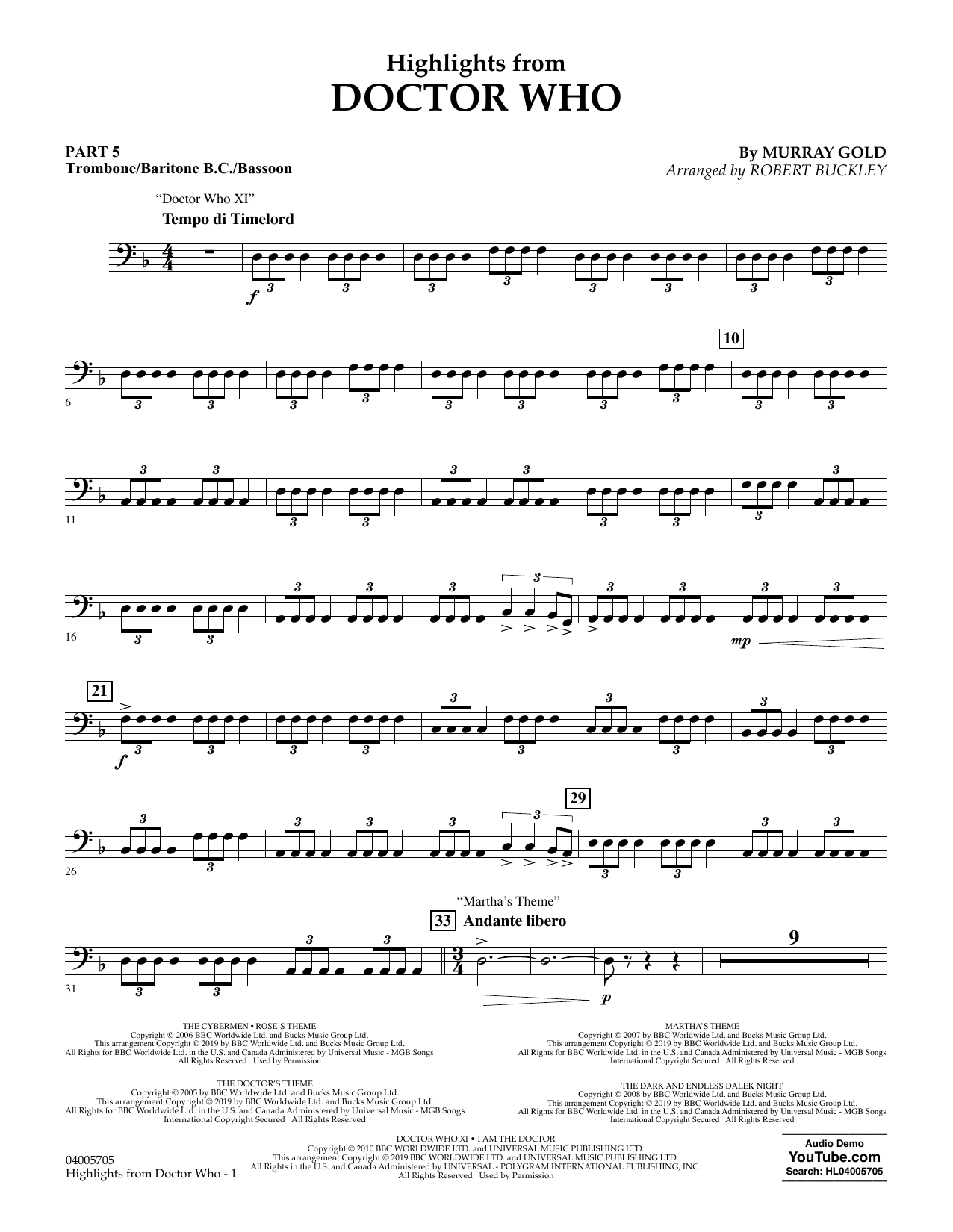 Download Murray Gold Highlights from Doctor Who (arr. Robert Buckley) - Pt.5 - Trombone/Bar. B.C./Bsn Sheet Music and learn how to play Concert Band: Flex-Band PDF digital score in minutes