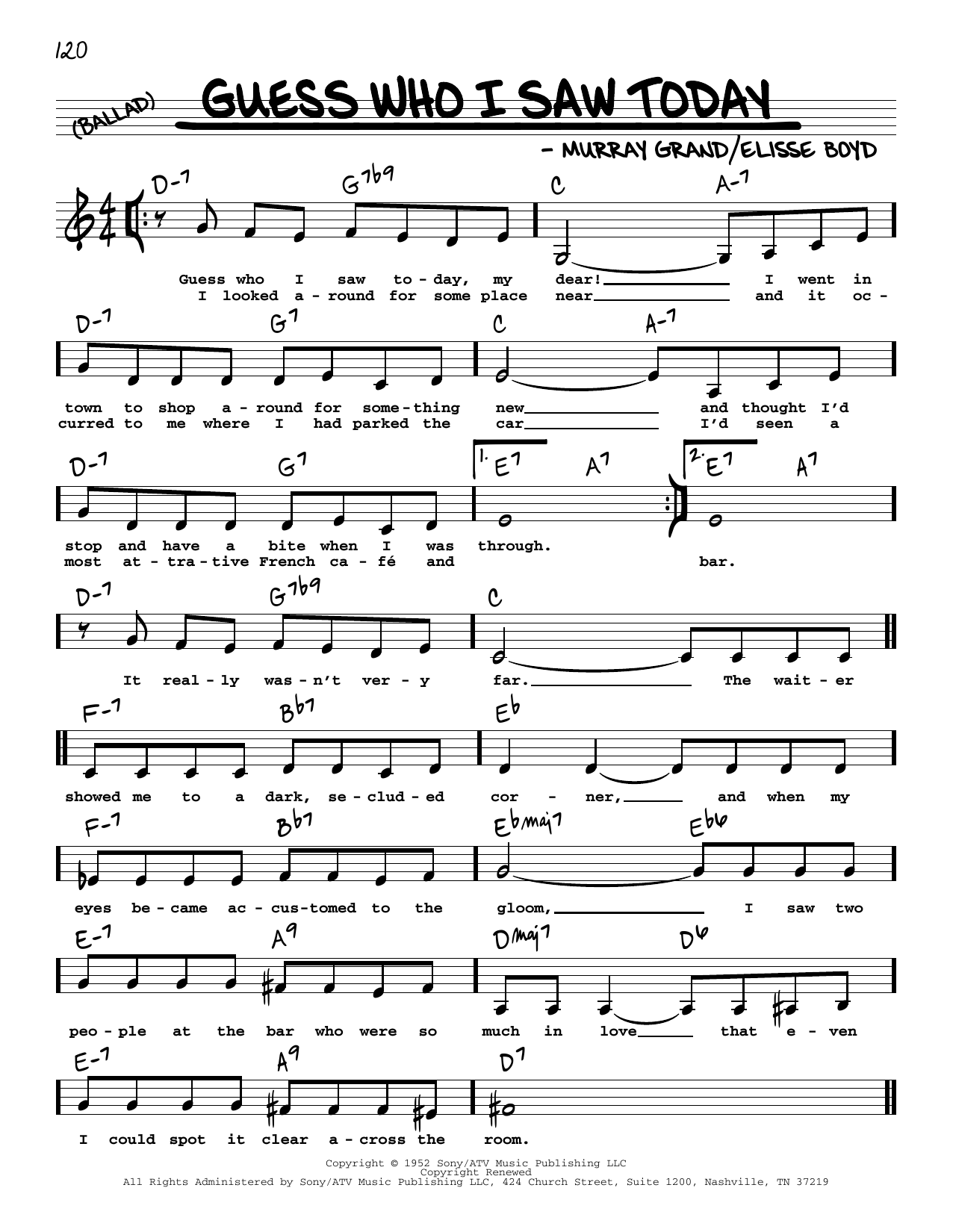 Download Murray Grand and Elisse Boyd Guess Who I Saw Today (Low Voice) Sheet Music and learn how to play Real Book – Melody, Lyrics & Chords PDF digital score in minutes