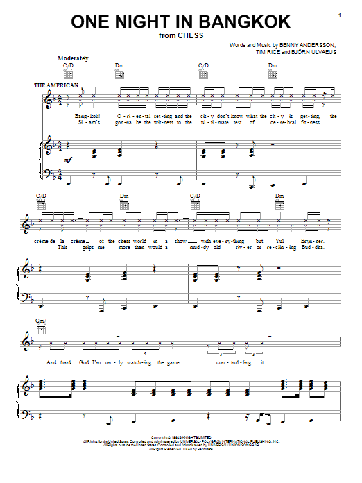 Download Murray Head One Night In Bangkok Sheet Music and learn how to play Melody Line, Lyrics & Chords PDF digital score in minutes