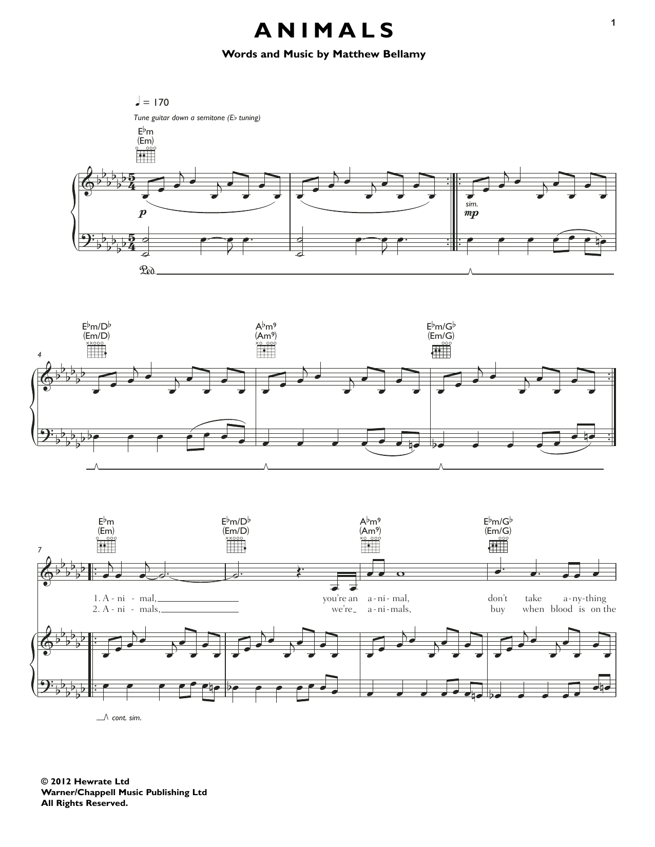 Download Muse Animals Sheet Music and learn how to play Piano, Vocal & Guitar (Right-Hand Melody) PDF digital score in minutes