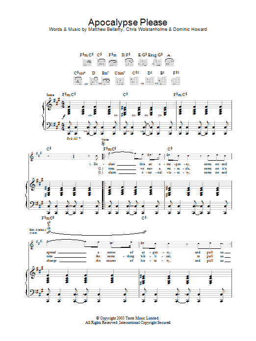 Download Muse Apocalypse Please Sheet Music and learn how to play Piano, Vocal & Guitar PDF digital score in minutes