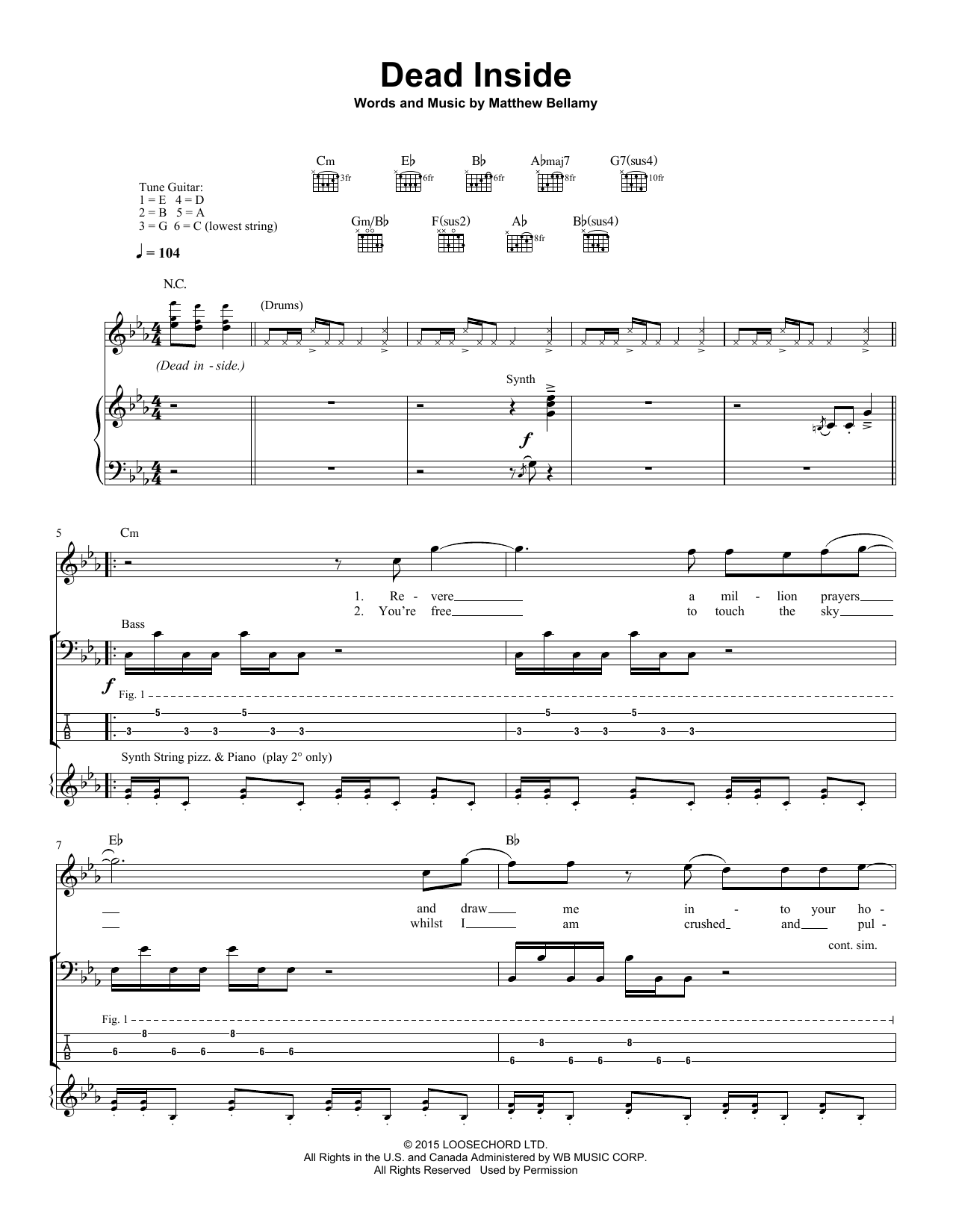 Download Muse Dead Inside Sheet Music and learn how to play Piano, Vocal & Guitar (Right-Hand Melody) PDF digital score in minutes