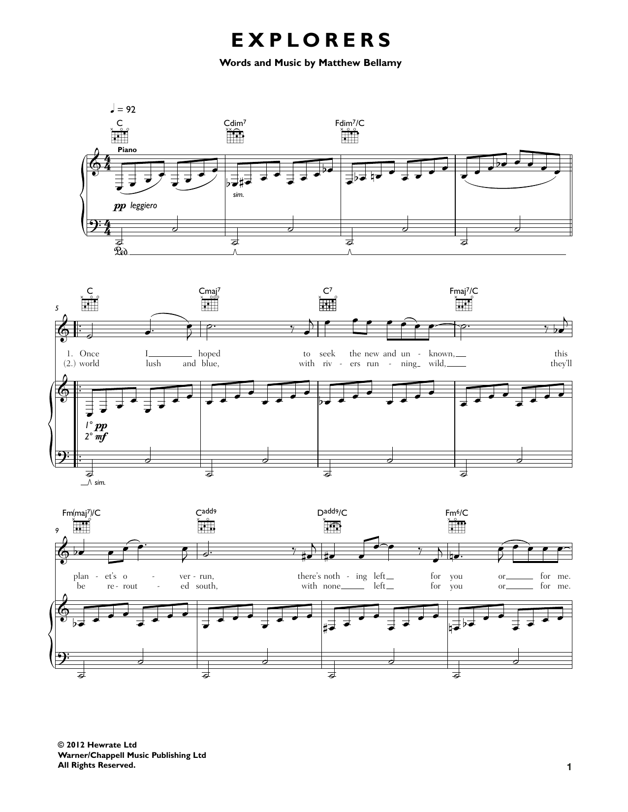 Muse "Explorers" Sheet Music Notes | Download Printable PDF Score 164729