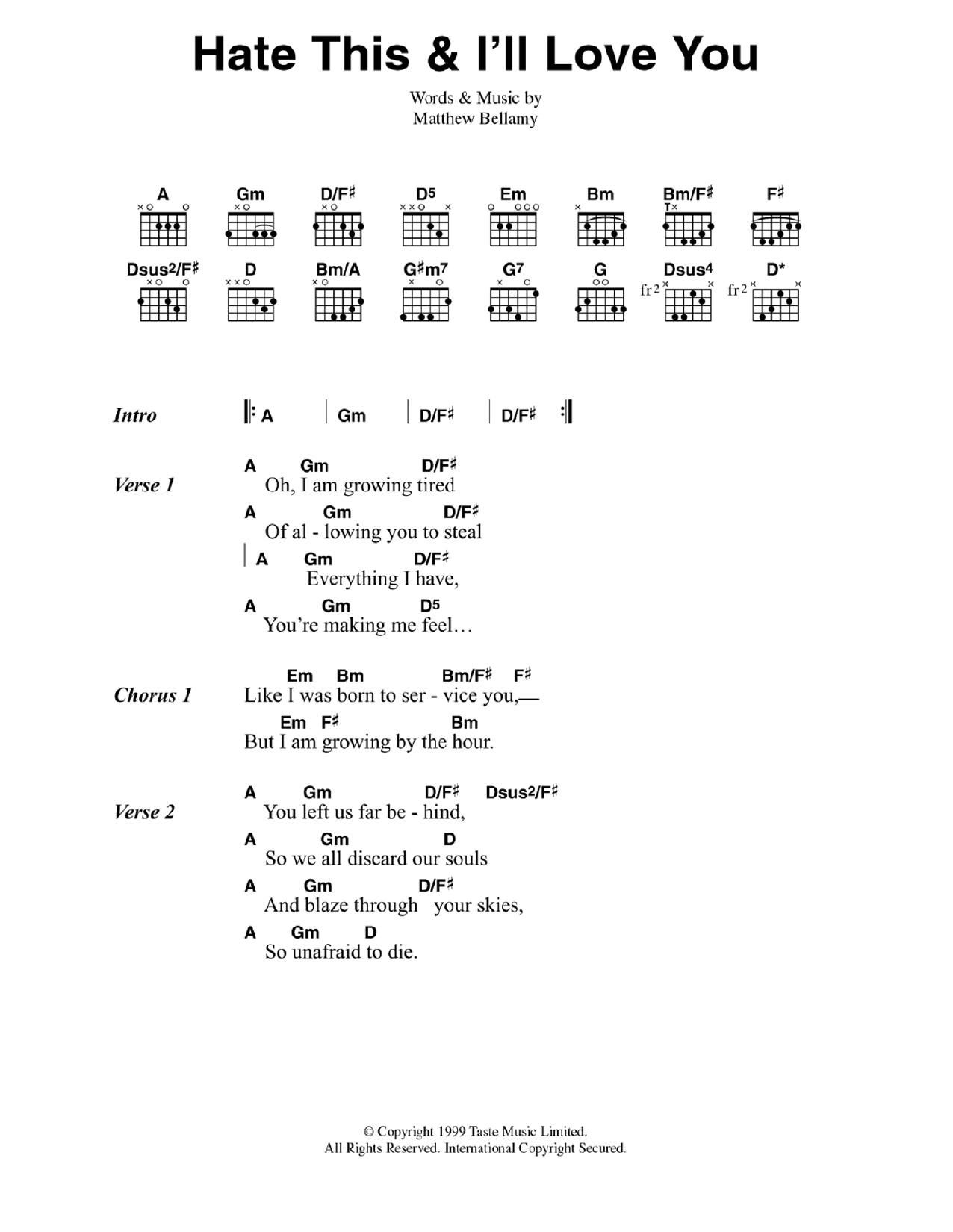 Download Muse Hate This and I'll Love You Sheet Music and learn how to play Guitar Chords/Lyrics PDF digital score in minutes