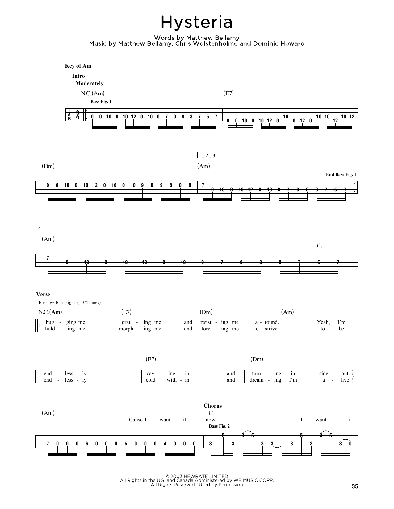 Download Muse Hysteria Sheet Music and learn how to play Bass Guitar Tab PDF digital score in minutes
