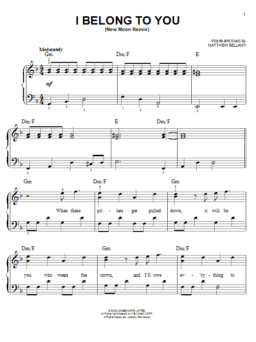 Download Muse I Belong To You (New Moon Remix) Sheet Music and learn how to play Piano, Vocal & Guitar (Right-Hand Melody) PDF digital score in minutes