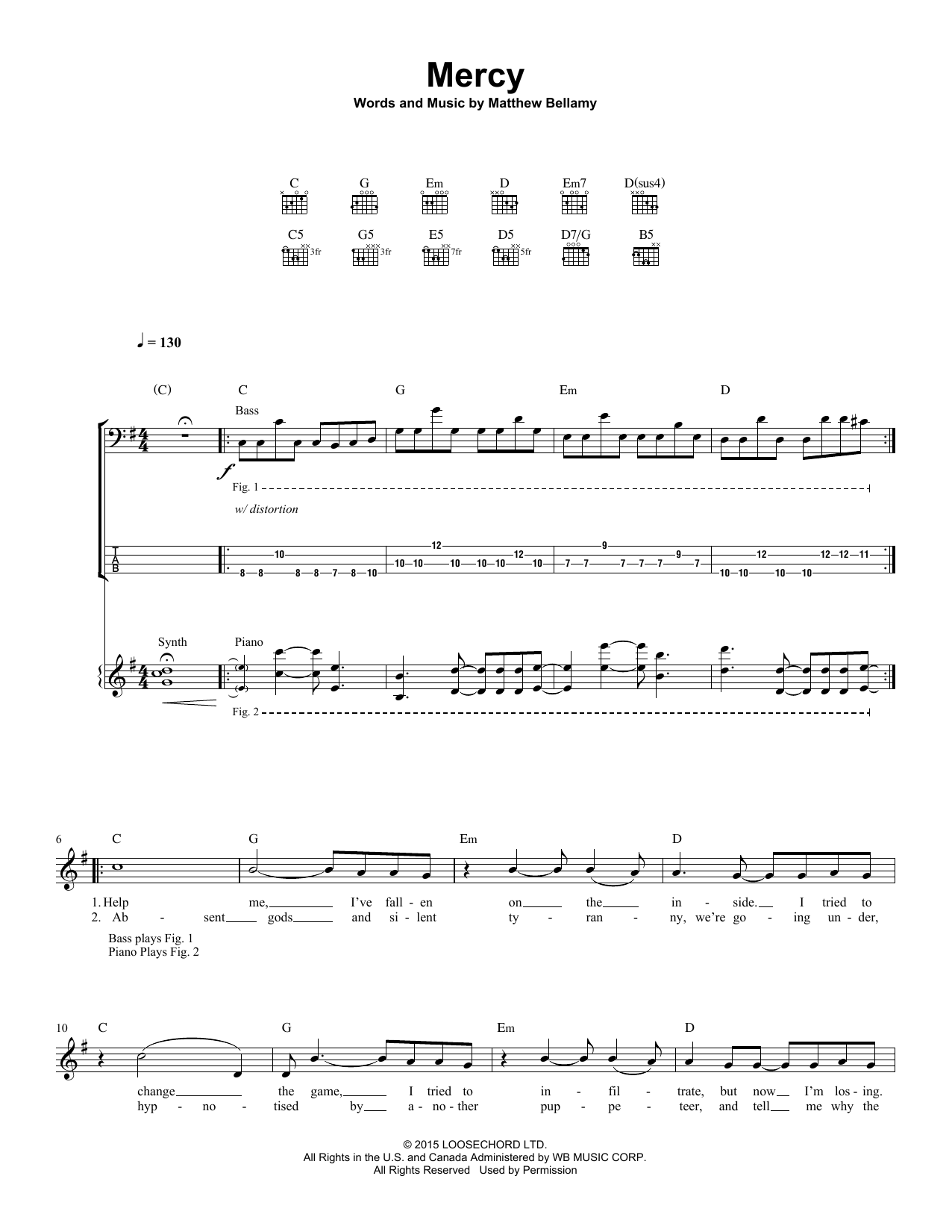 Download Muse Mercy Sheet Music and learn how to play Guitar Tab PDF digital score in minutes