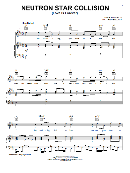 Download Muse Neutron Star Collision (Love Is Forever) Sheet Music and learn how to play Piano, Vocal & Guitar (Right-Hand Melody) PDF digital score in minutes