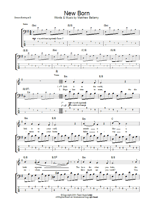 Download Muse New Born Sheet Music and learn how to play Bass Guitar Tab PDF digital score in minutes