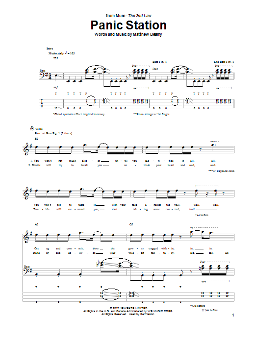 Download Muse Panic Station Sheet Music and learn how to play Bass Guitar Tab PDF digital score in minutes