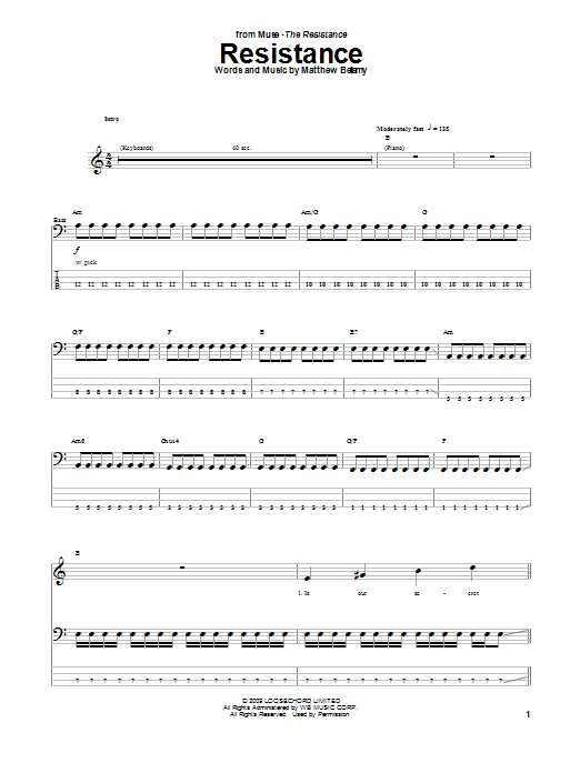 Download Muse Resistance Sheet Music and learn how to play Bass Guitar Tab PDF digital score in minutes