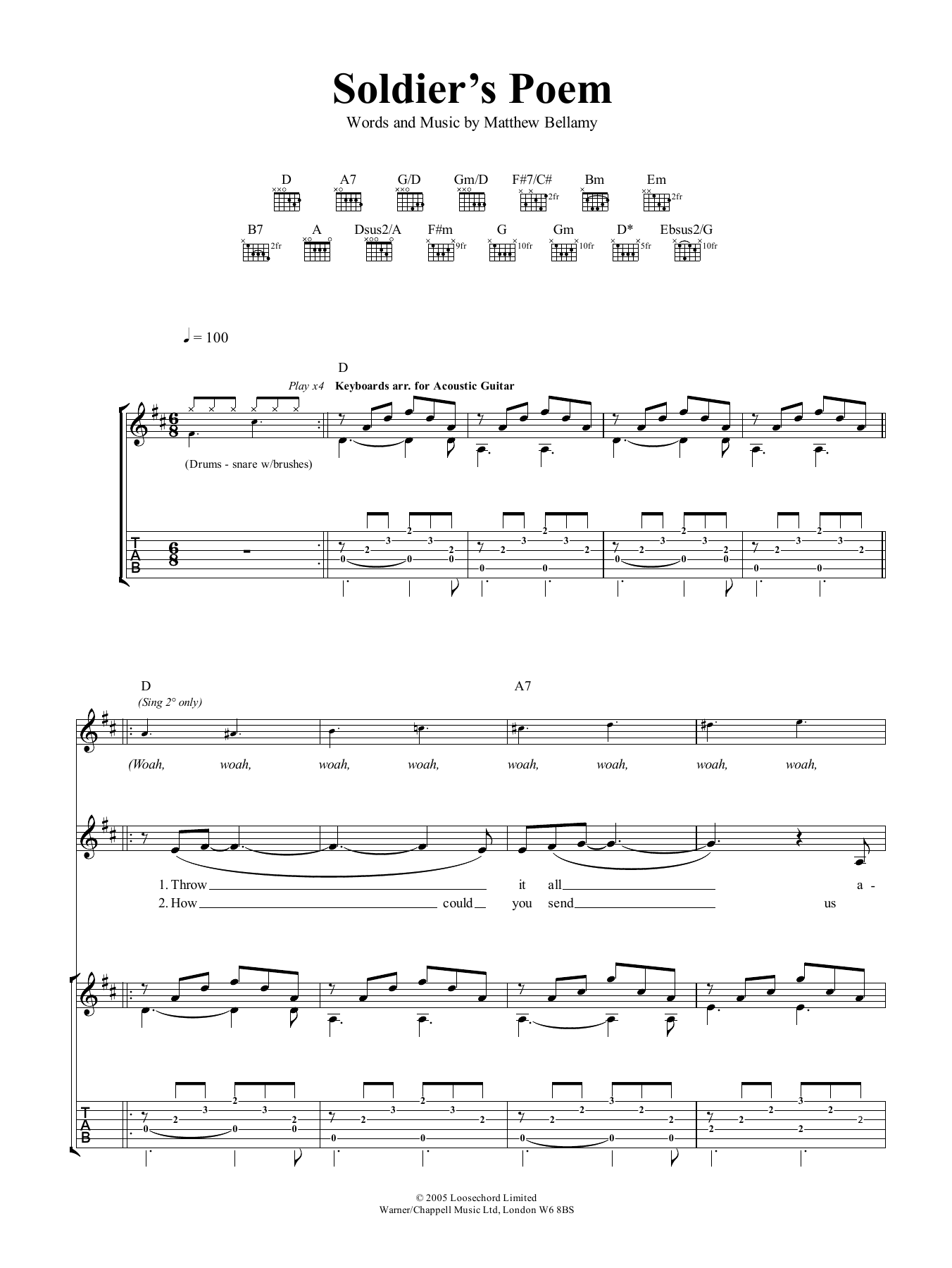 Download Muse Soldier's Poem Sheet Music and learn how to play Guitar Tab PDF digital score in minutes