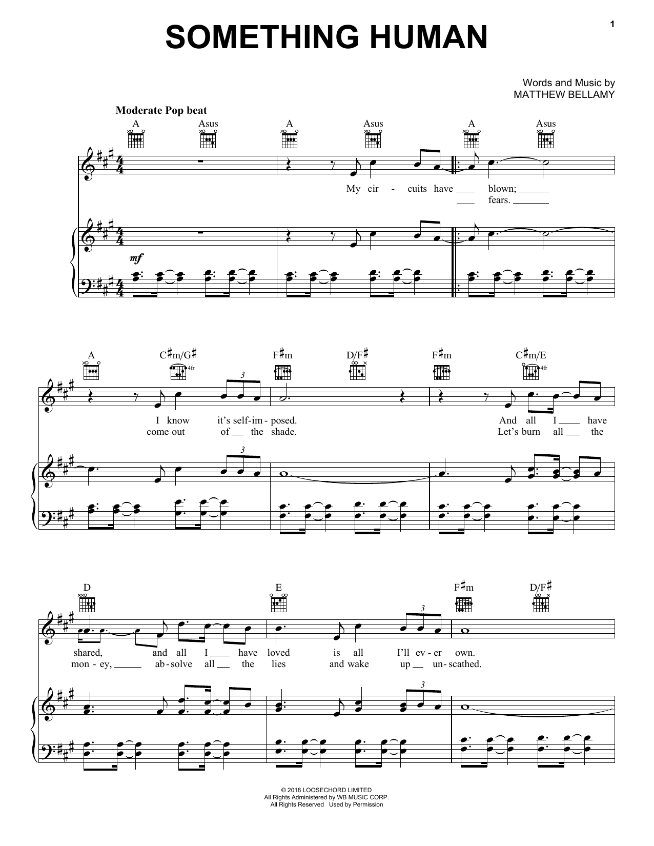 Download Muse Something Human Sheet Music and learn how to play Piano, Vocal & Guitar (Right-Hand Melody) PDF digital score in minutes