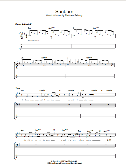 Download Muse Sunburn Sheet Music and learn how to play Piano, Vocal & Guitar PDF digital score in minutes