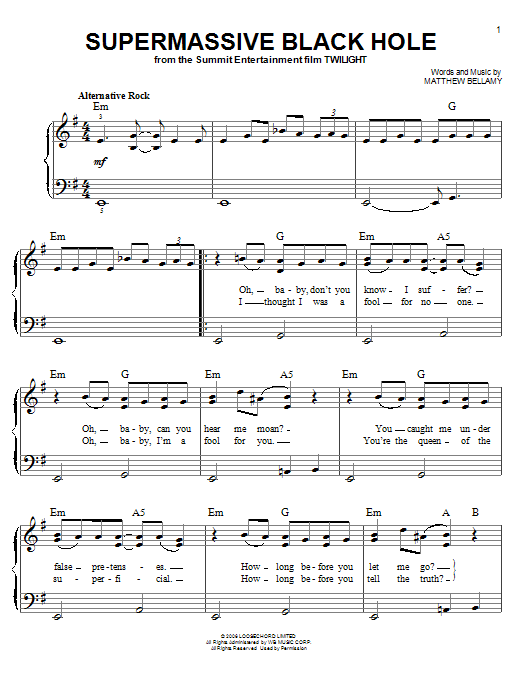 Download Muse Supermassive Black Hole Sheet Music and learn how to play Piano, Vocal & Guitar (Right-Hand Melody) PDF digital score in minutes