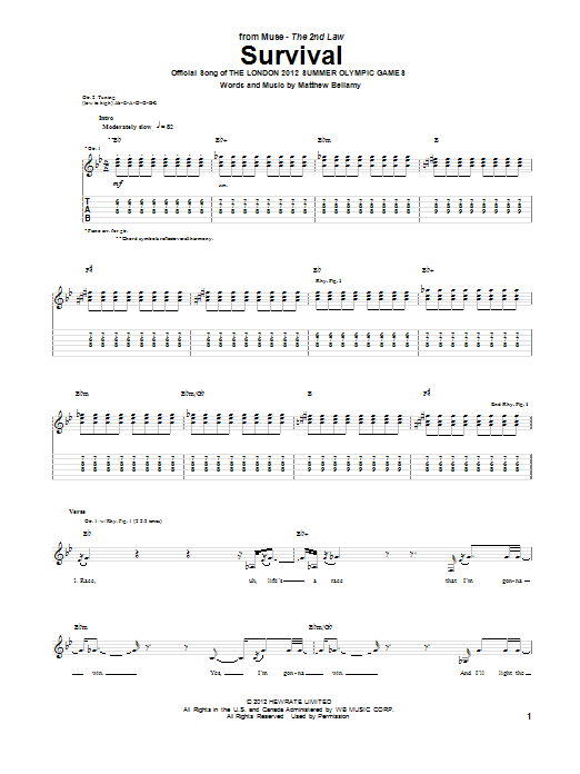 Download Muse Survival Sheet Music and learn how to play Guitar Tab PDF digital score in minutes