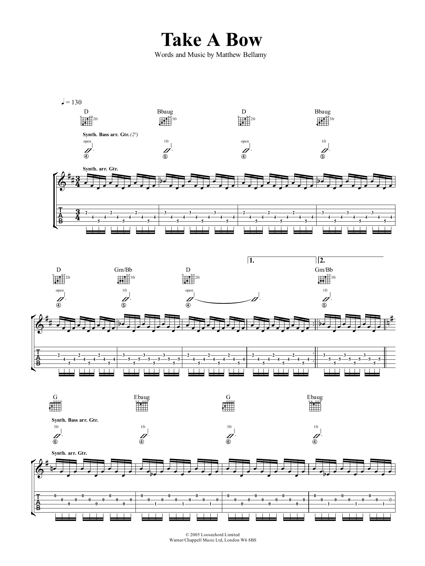 Download Muse Take A Bow Sheet Music and learn how to play Guitar Tab PDF digital score in minutes