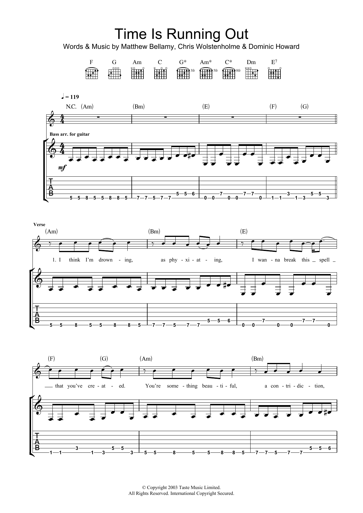 Download Muse Time Is Running Out Sheet Music and learn how to play Guitar Tab PDF digital score in minutes