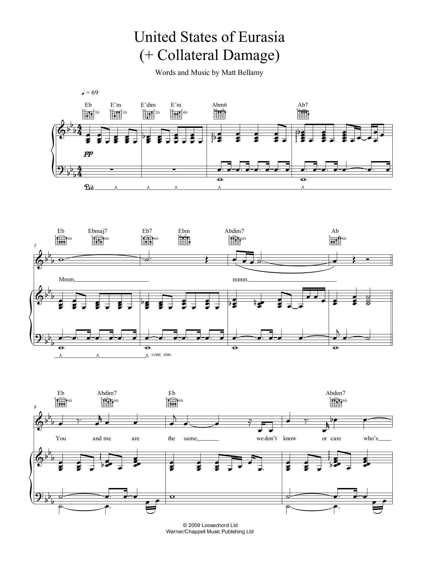 Download Muse United States Of Eurasia (+ Collateral Damage) Sheet Music and learn how to play Piano, Vocal & Guitar (Right-Hand Melody) PDF digital score in minutes
