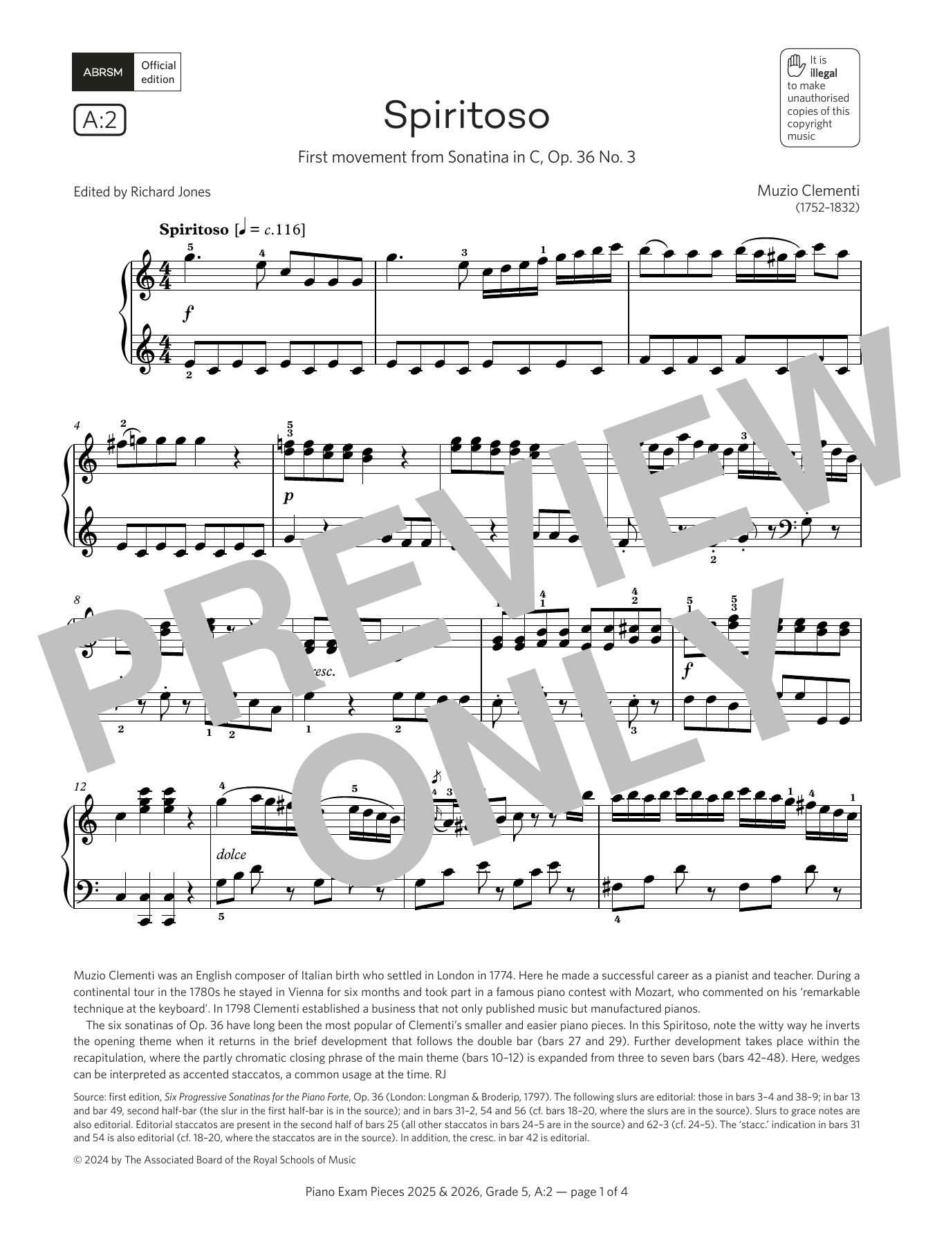 Download Muzio Clementi Spiritoso (Grade 5, list A2, from the ABRSM Piano Syllabus 2025 & 2026) Sheet Music and learn how to play Piano Solo PDF digital score in minutes