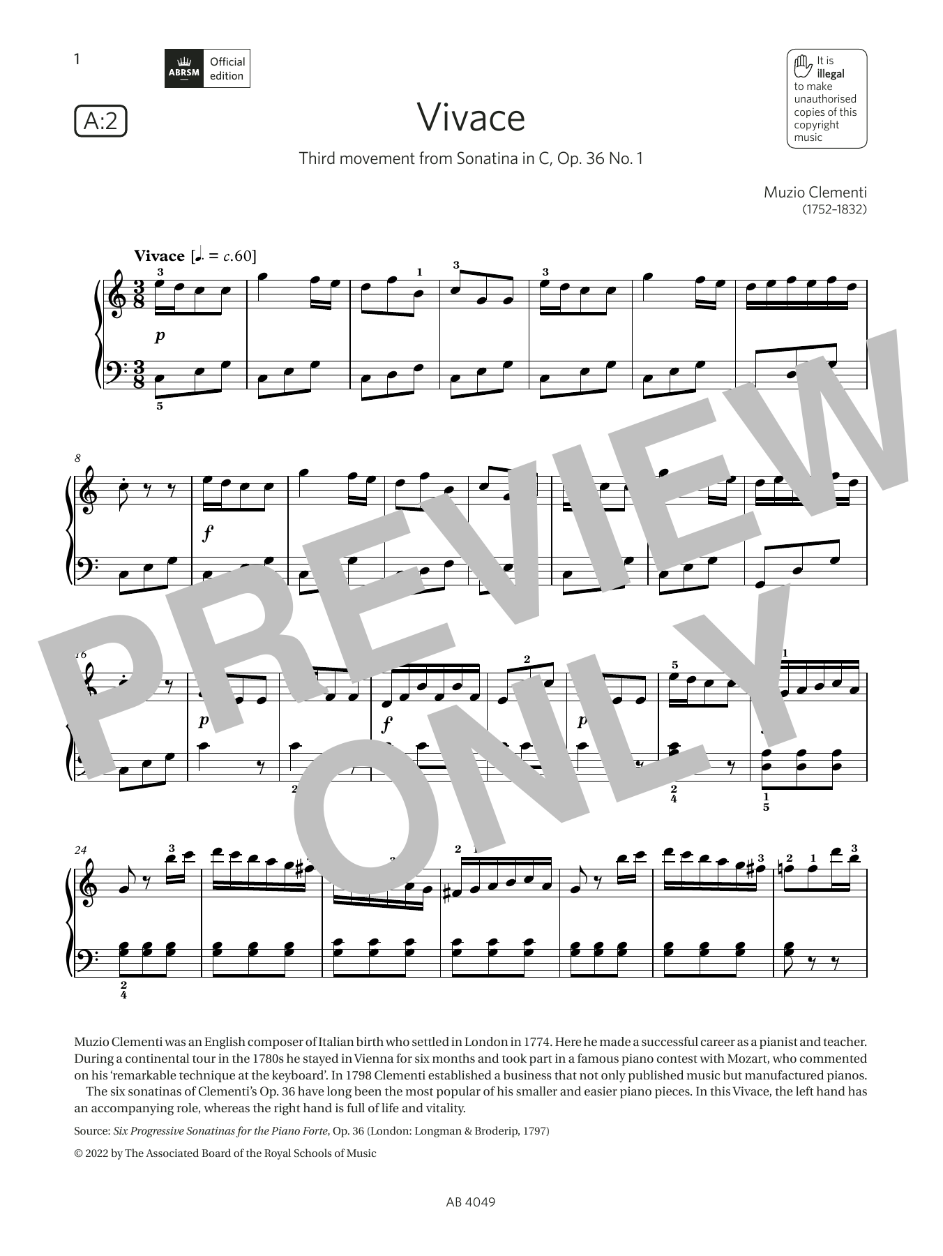 Download Muzio Clementi Vivace (Grade 3, list A2, from the ABRSM Piano Syllabus 2023 & 2024) Sheet Music and learn how to play Piano Solo PDF digital score in minutes