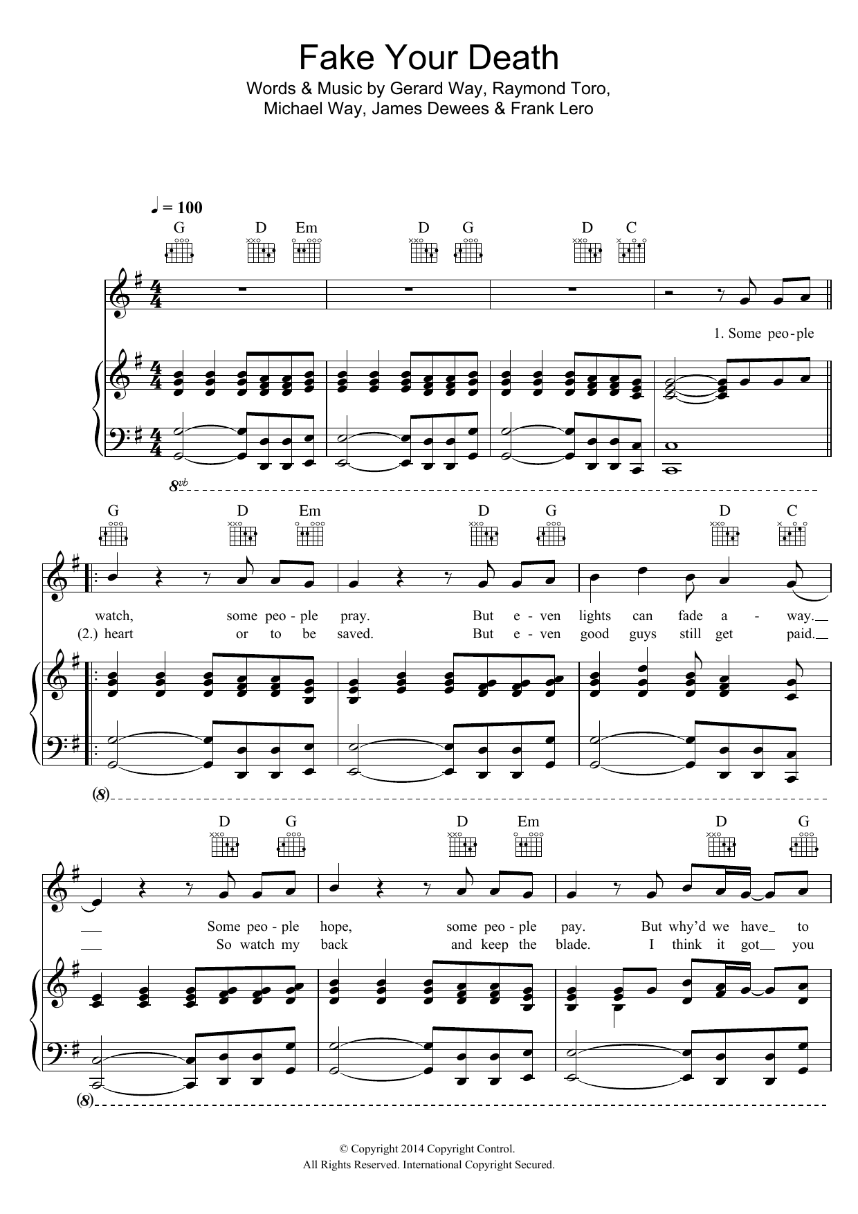 Download My Chemical Romance Fake Your Death Sheet Music and learn how to play Piano, Vocal & Guitar (Right-Hand Melody) PDF digital score in minutes