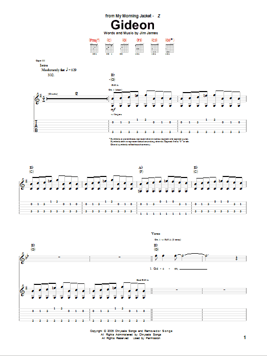 Download My Morning Jacket Gideon Sheet Music and learn how to play Guitar Tab PDF digital score in minutes