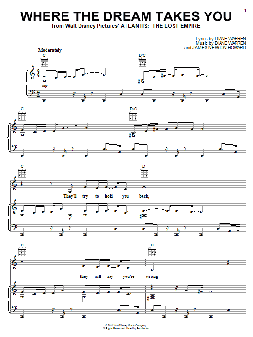 Download Mya Where The Dream Takes You (from Atlantis: The Lost Empire) Sheet Music and learn how to play Piano, Vocal & Guitar (Right-Hand Melody) PDF digital score in minutes