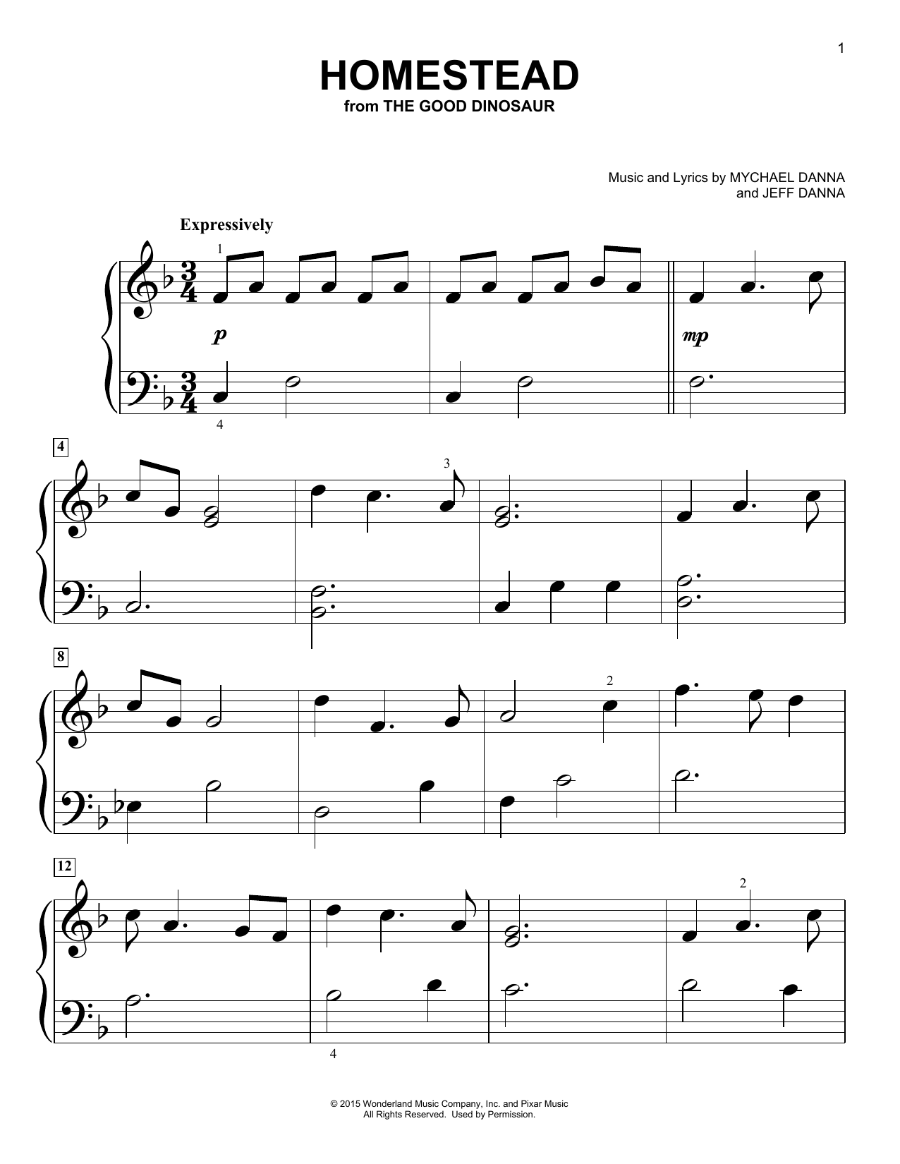 Download Mychael Danna and Jeff Danna Homestead (from The Good Dinosaur) Sheet Music and learn how to play Big Note Piano PDF digital score in minutes