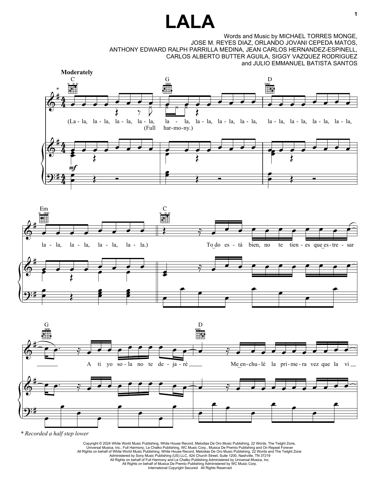 Download Myke Towers LALA Sheet Music and learn how to play Piano, Vocal & Guitar Chords (Right-Hand Melody) PDF digital score in minutes