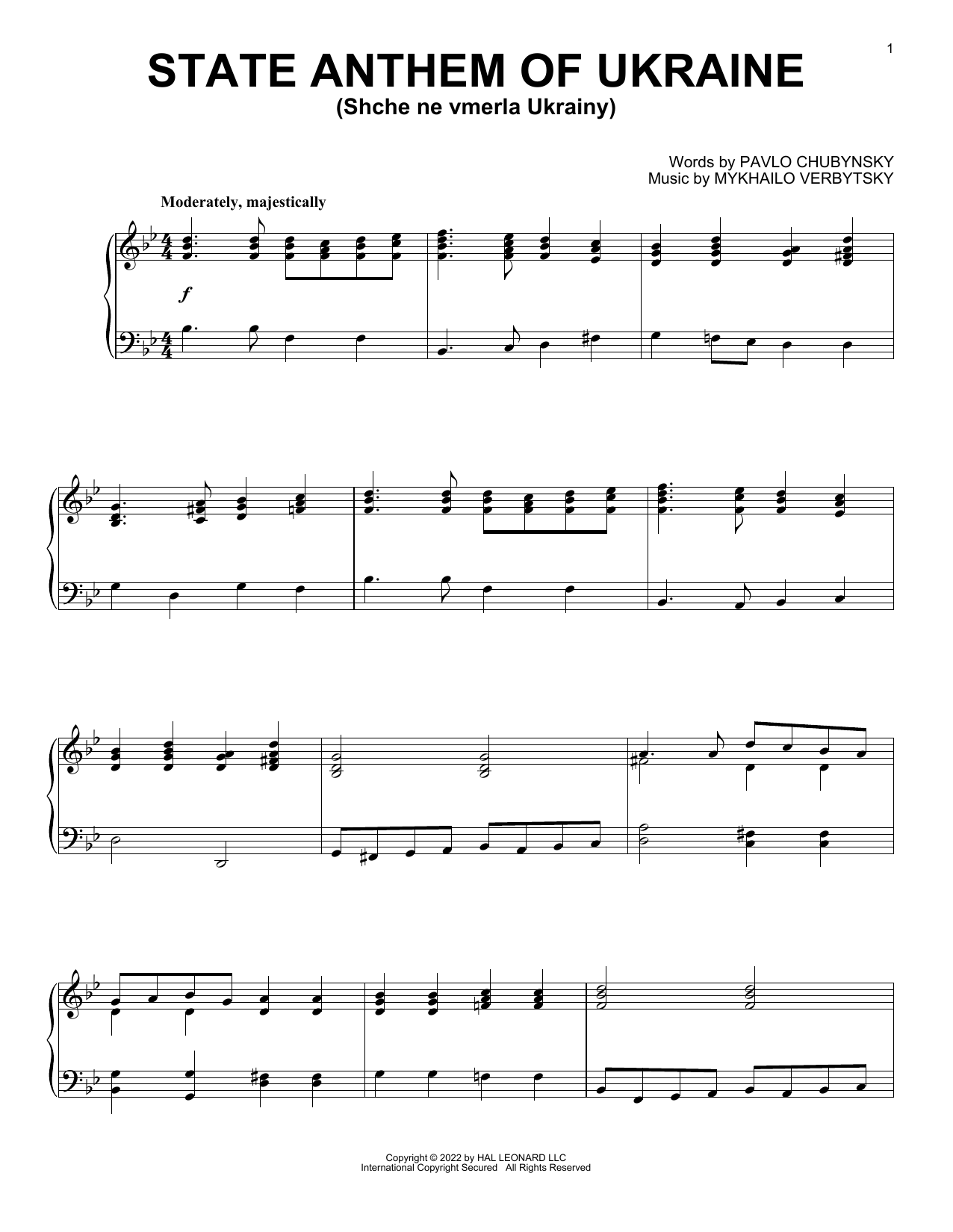 Download Mykhailo Verbytsky and Pavlo Chubynsky State Anthem Of Ukraine (Shche ne vmerla Ukrainy) Sheet Music and learn how to play Piano Solo PDF digital score in minutes