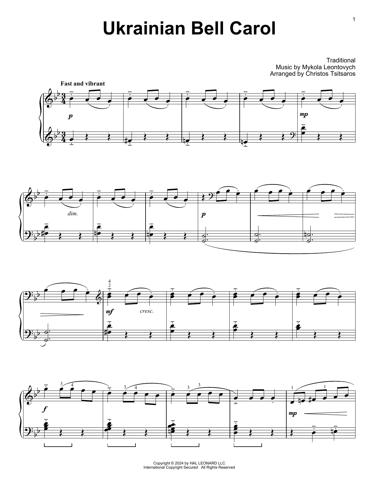 Download Mykola Leontovych Ukrainian Bell Carol (arr. Christos Tsitsaros) Sheet Music and learn how to play Easy Piano Solo PDF digital score in minutes