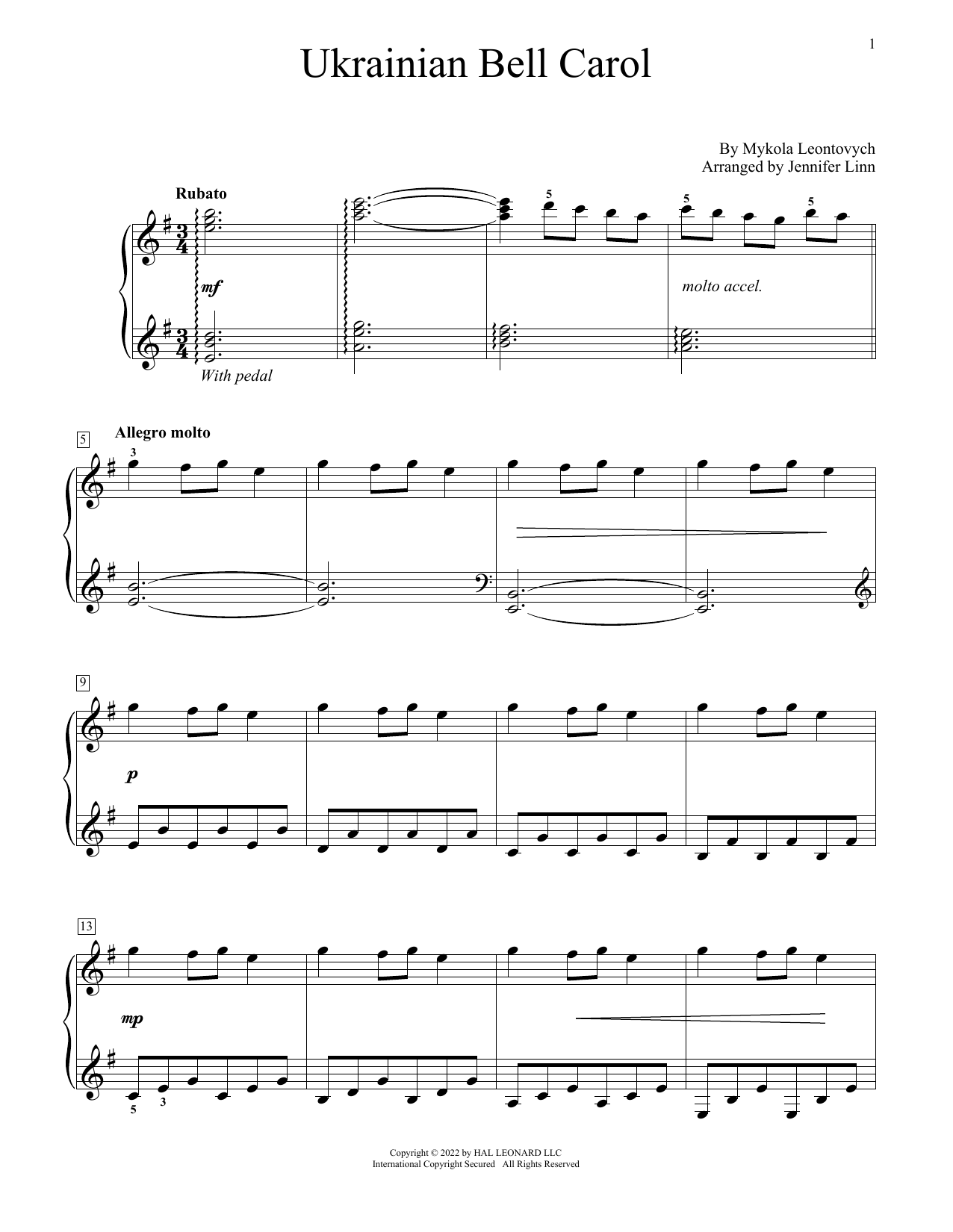 Download Mykola Leontovych Ukrainian Bell Carol (arr. Jennifer Linn) Sheet Music and learn how to play Educational Piano PDF digital score in minutes