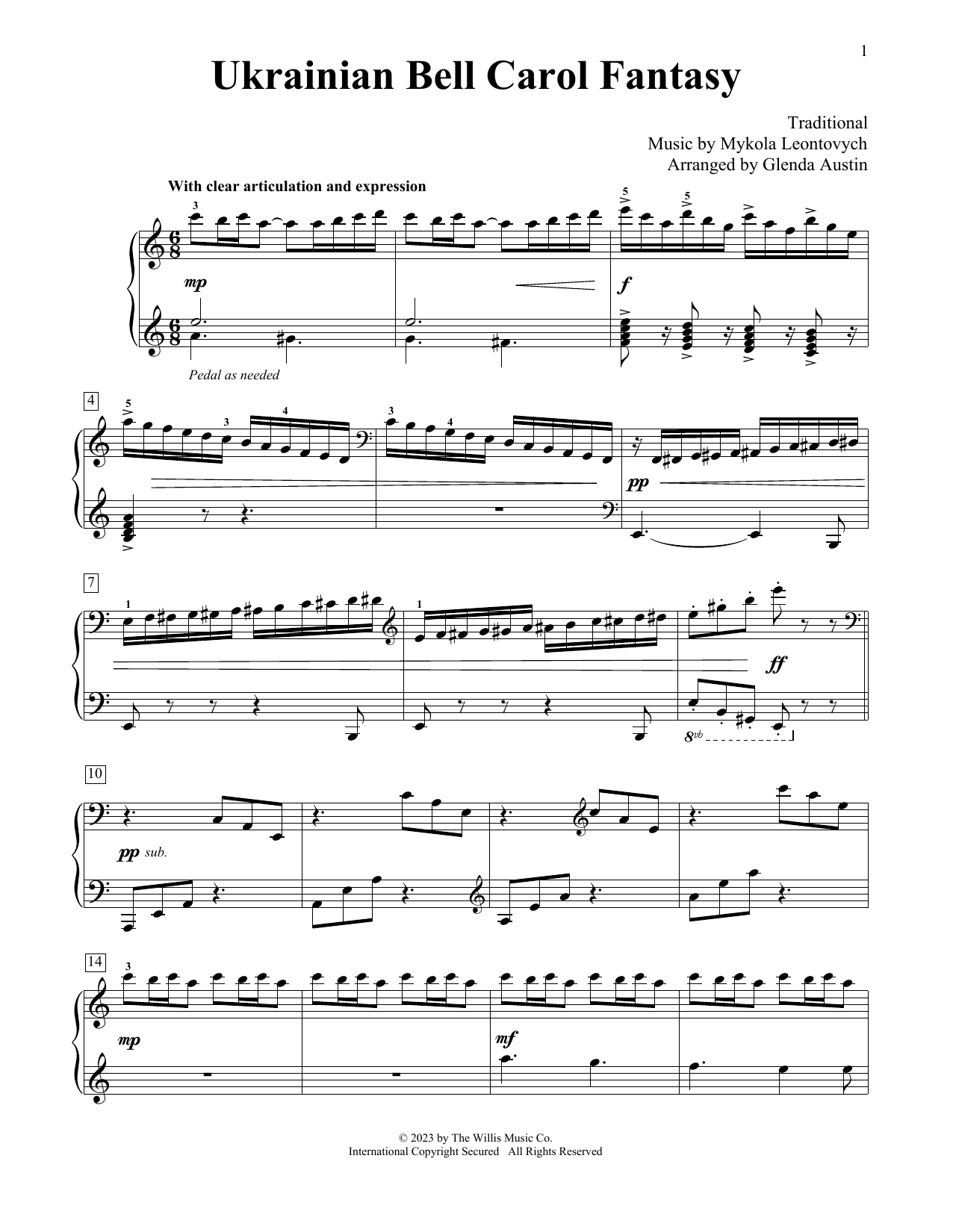 Download Mykola Leontovych Ukrainian Bell Carol Fantasy (arr. Glenda Austin) Sheet Music and learn how to play Educational Piano PDF digital score in minutes